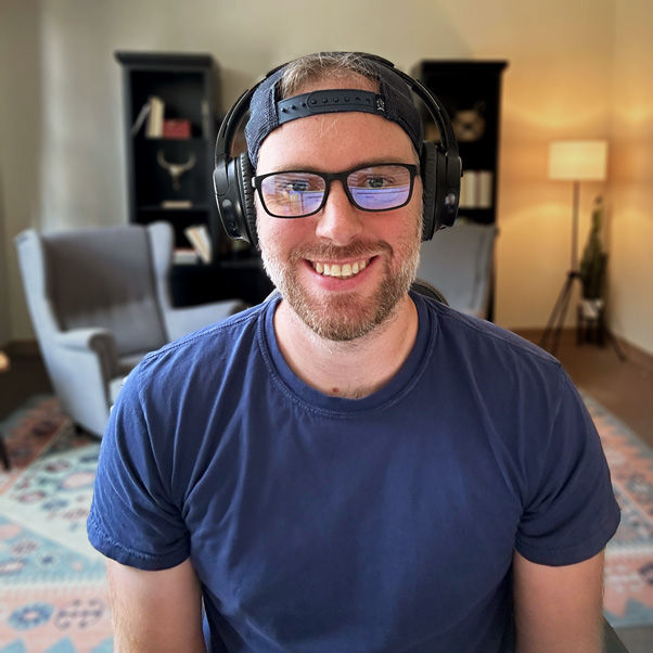 Multiple pictures of Art West, co-creator of the Merge community, making various facial expressions